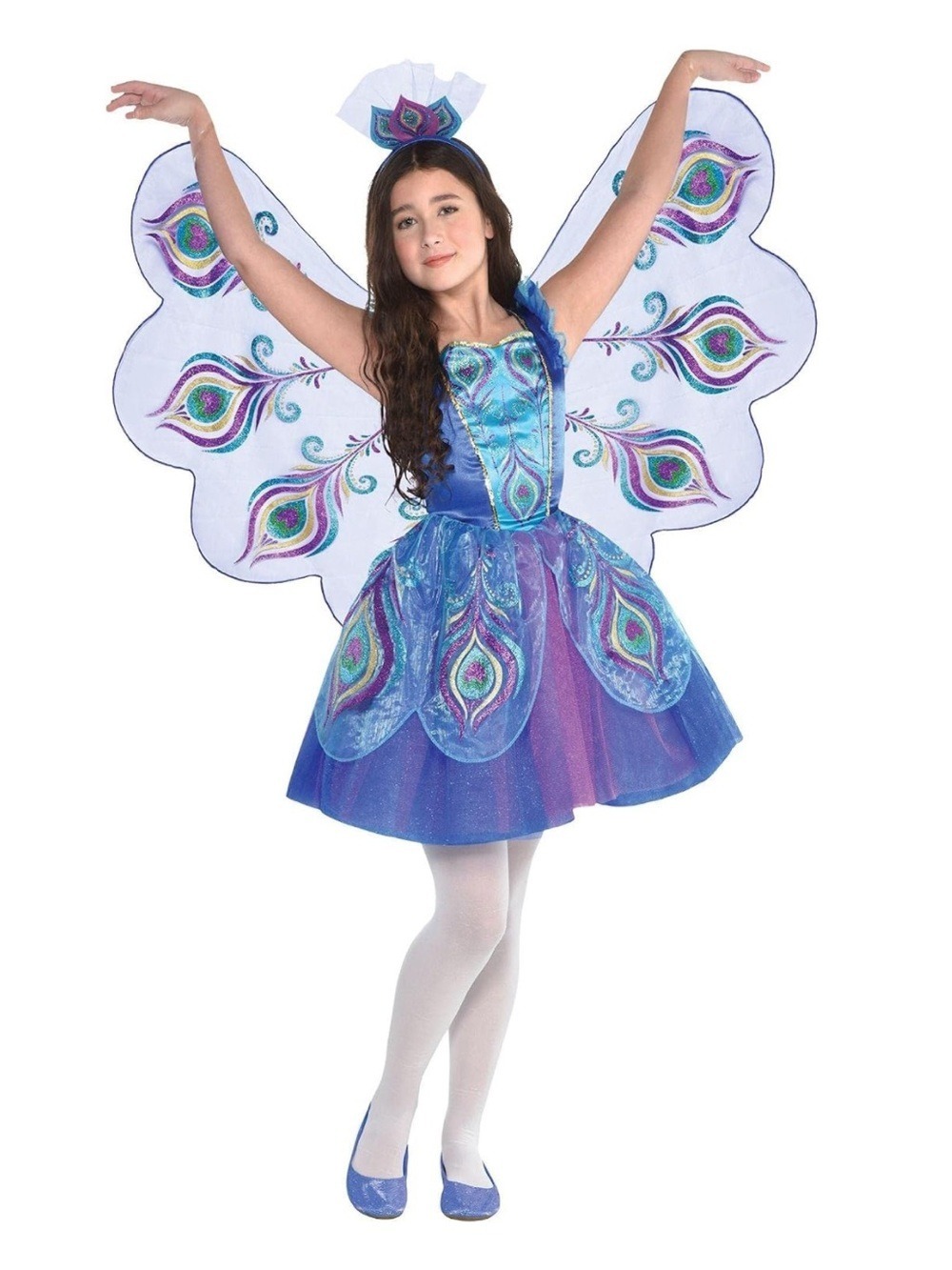 Girl Pretty Peacock Costume Halloween Dress Wings Headband Small 4-6 New